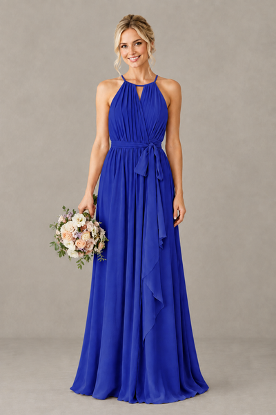 BOLODOO Royal Blue Halter Chiffon Bridesmaid Dress with High Slit - Royal Blue
