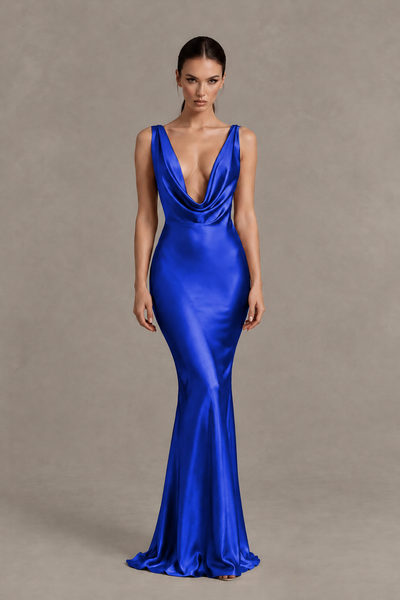 BOLODOO Royal Blue Cowl Neck Backless Satin Mermaid Evening Dress - Royal Blue - Royal Blue_1