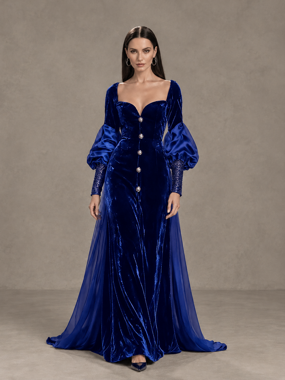 BOLODOO Royal Blue Velvet Long Sleeve Open-Back Evening Gown - Royal Blue - Royal Blue_1