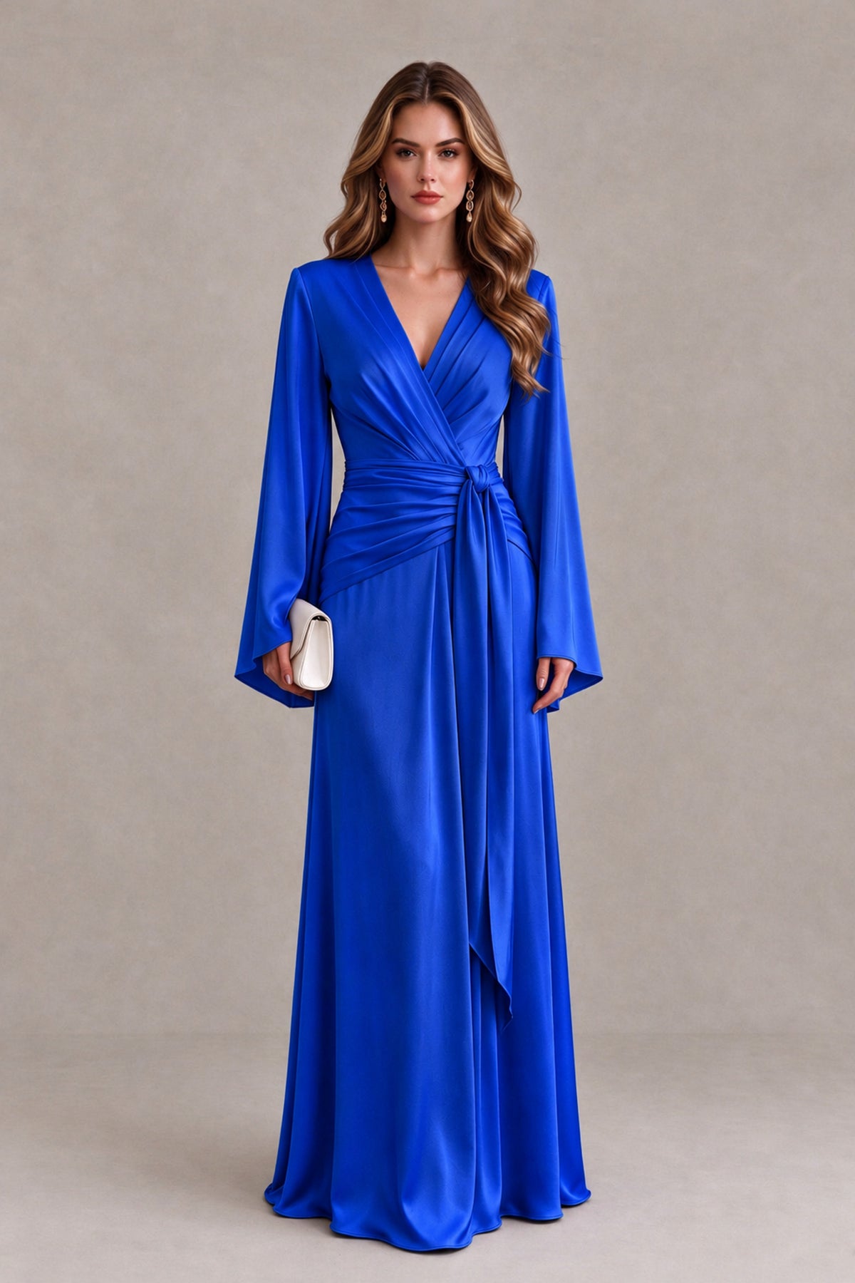 BOLODOO Royal Blue Yellow Satin-Look V-Neck Long Bell Sleeve Evening Dress - Royal Blue - Royal_Blue_1