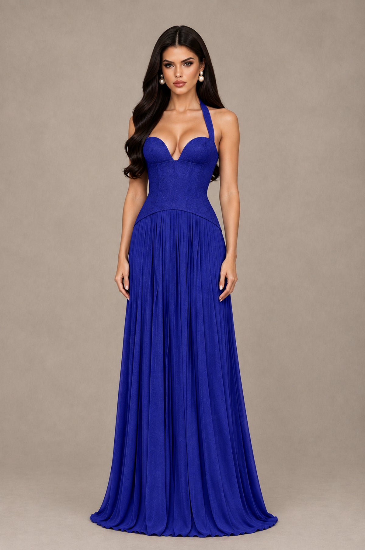 BOLODOO Royal Blue Halter Corset Pleated A-Line Evening Dress - Royal Blue - Royal Blue_1