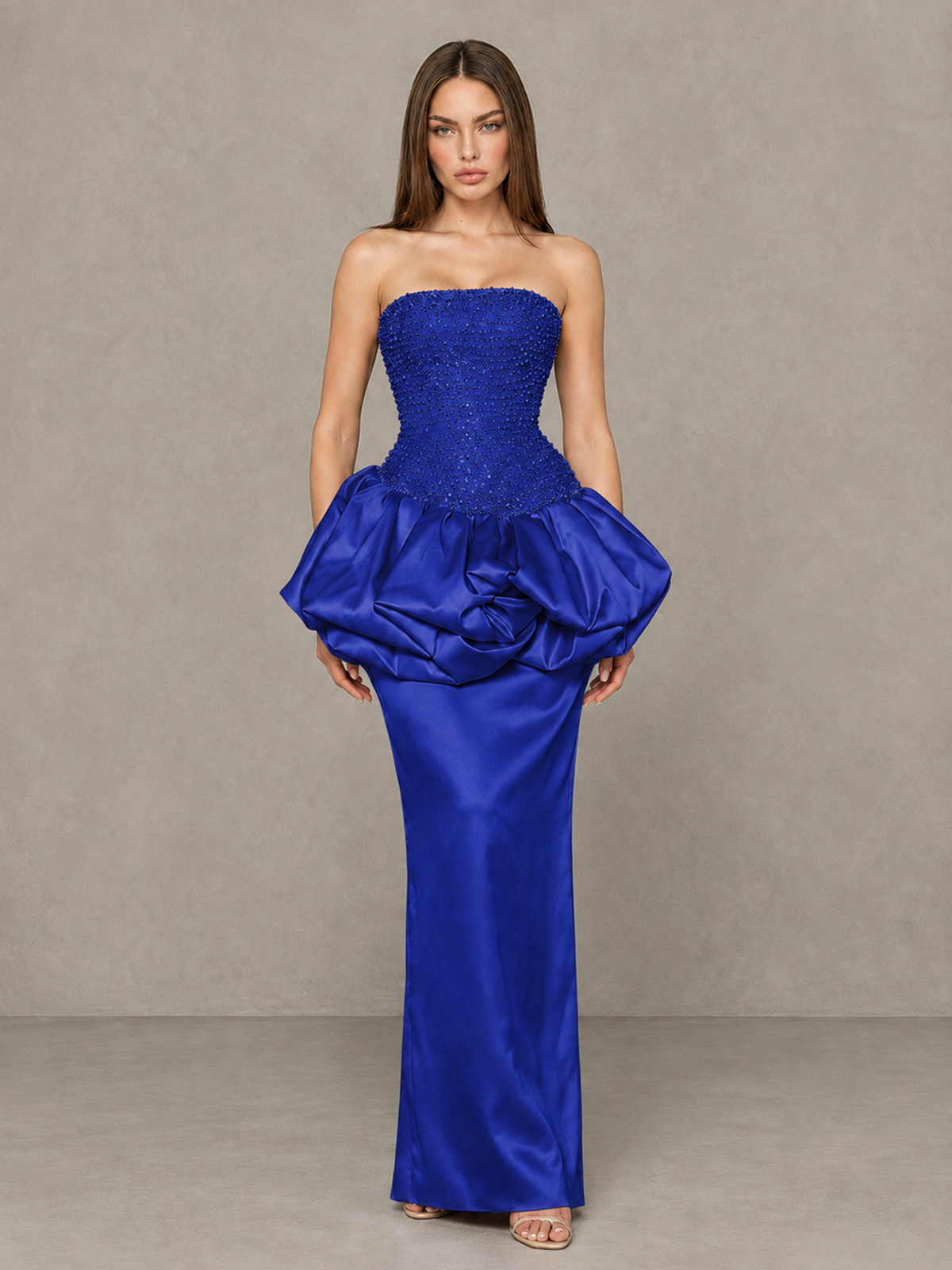 BOLODOO Royal Blue Strapless Embellished Bubble Peplum Evening Dress - Royal Blue - Royal Blue_1