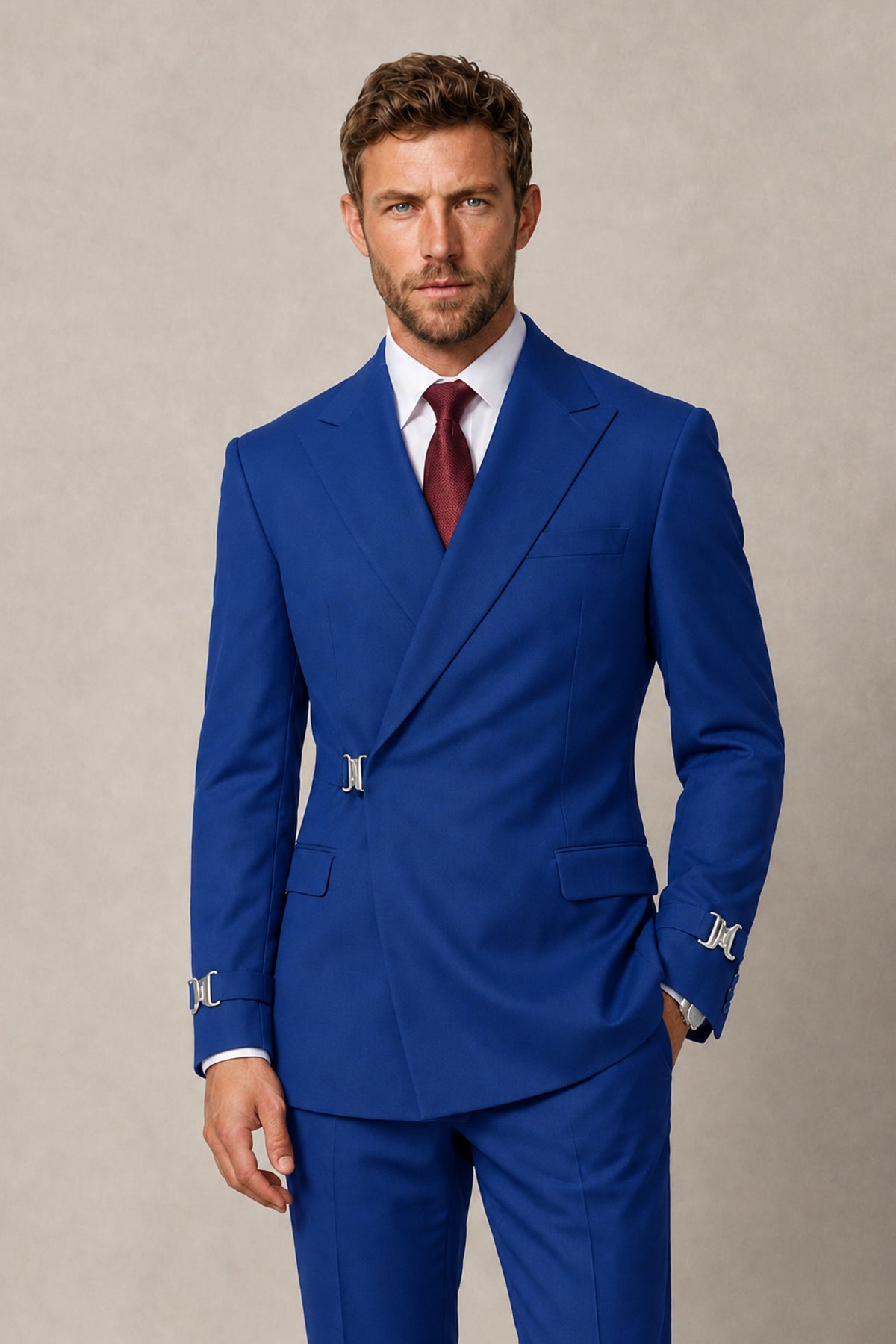 BOLODOO Men's Royal Blue Double-Breasted 2-Piece Suit Set – Blazer & Tailored Trousers - Royal Blue
