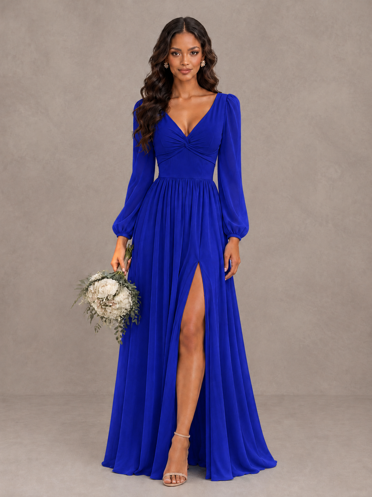 BOLODOO Royal Blue V-Neck Long Sleeve Bridesmaid Dress with Tie Back and Slit - Royal Blue - Royal Blue_1