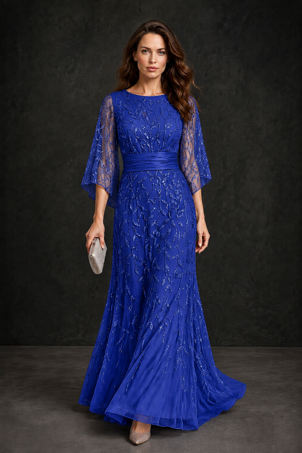 BOLODOO Royal Blue Bateau Neck Bell Sleeve Sequin Embroidered Satin Waist A-Line Maxi Dress - Royal Blue - Royal_Blue_1