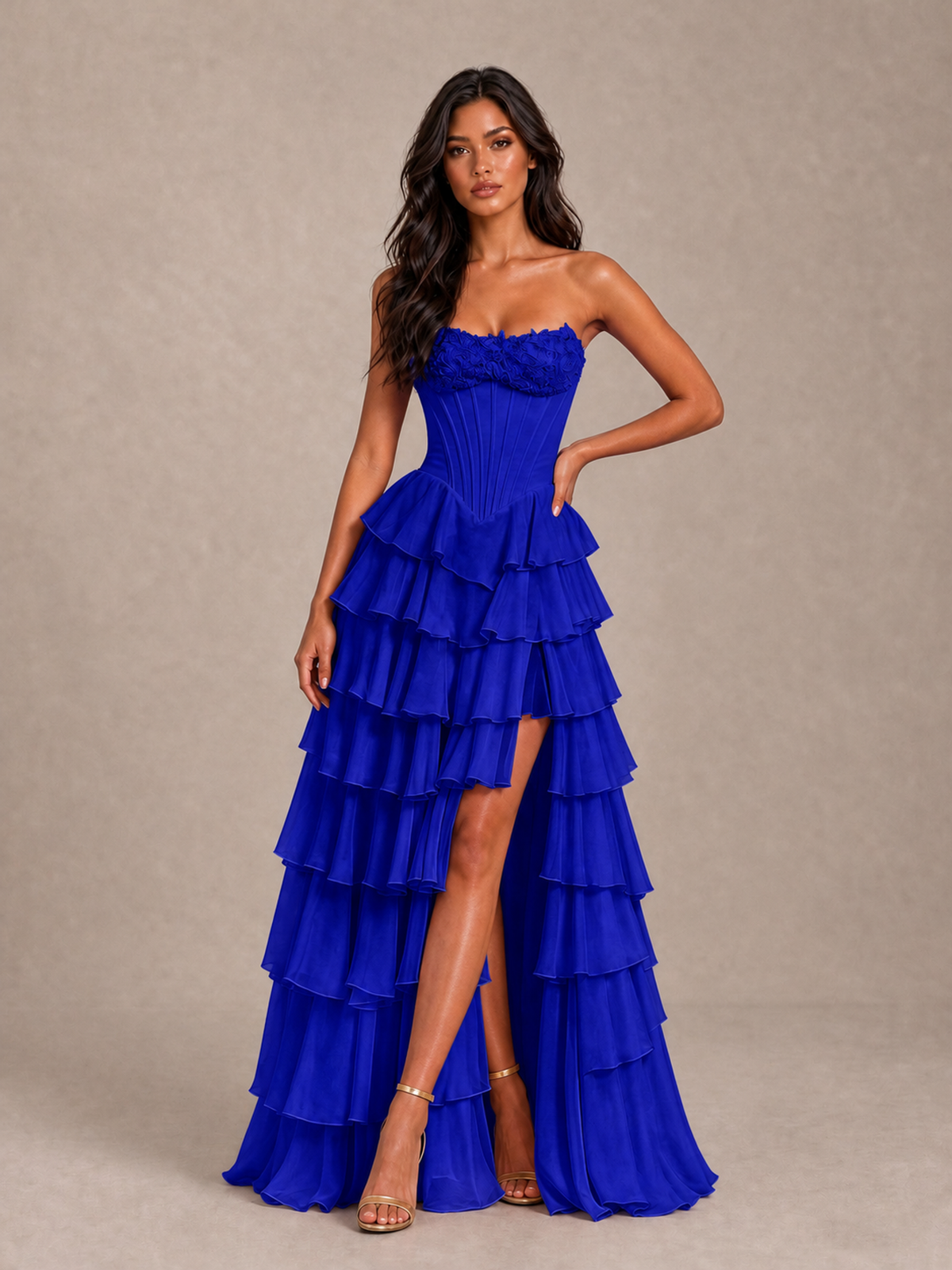 BOLODOO Royal Blue Strapless Corset Tiered Ruffle Prom Dress with High Slit - Royal Blue - Royal Blue_1