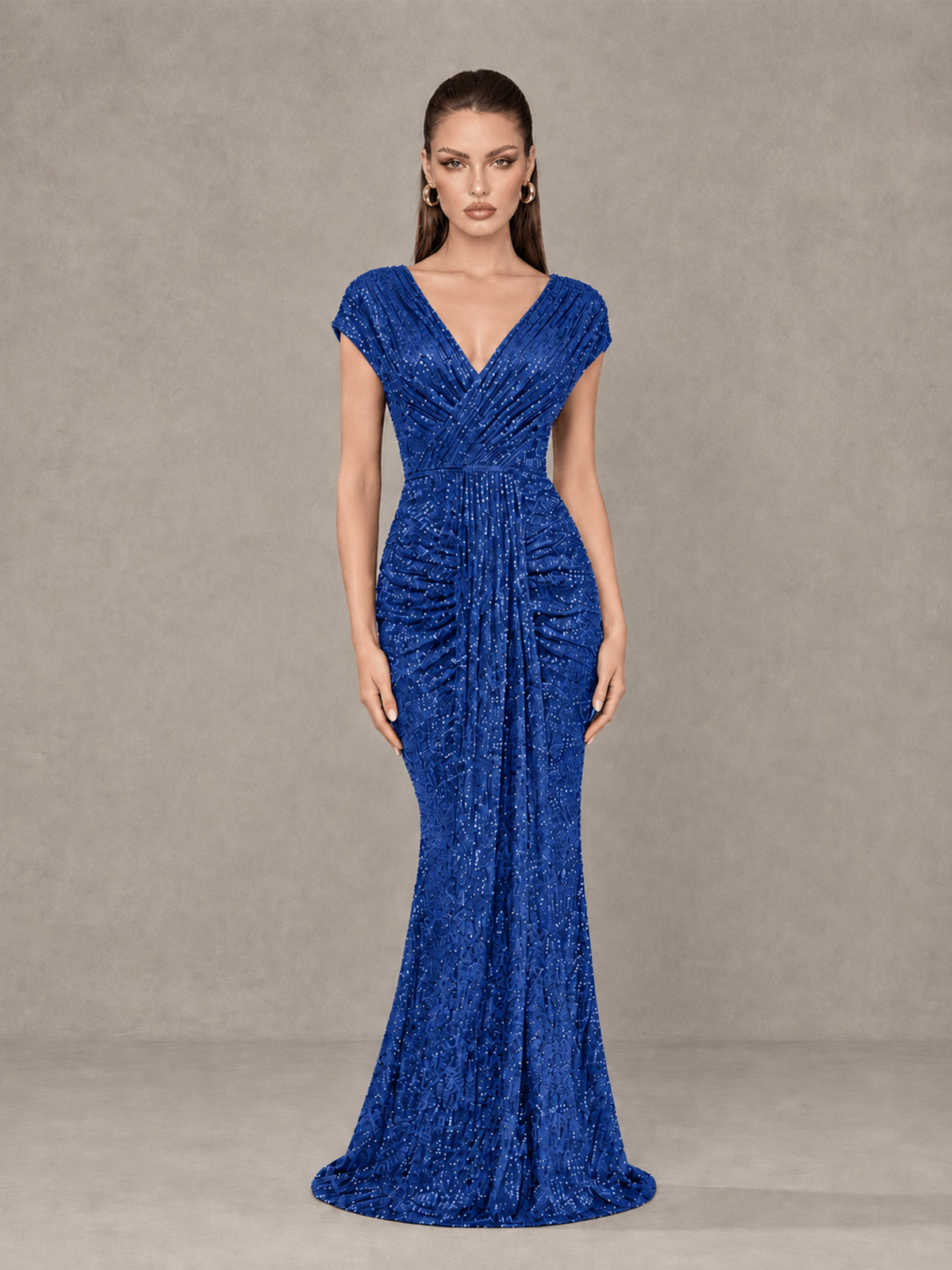 BOLODOO Royal Blue Glitter V-Neck Cap Sleeve Ruched Mermaid Evening Gown - Royal Blue - Royal Blue_1