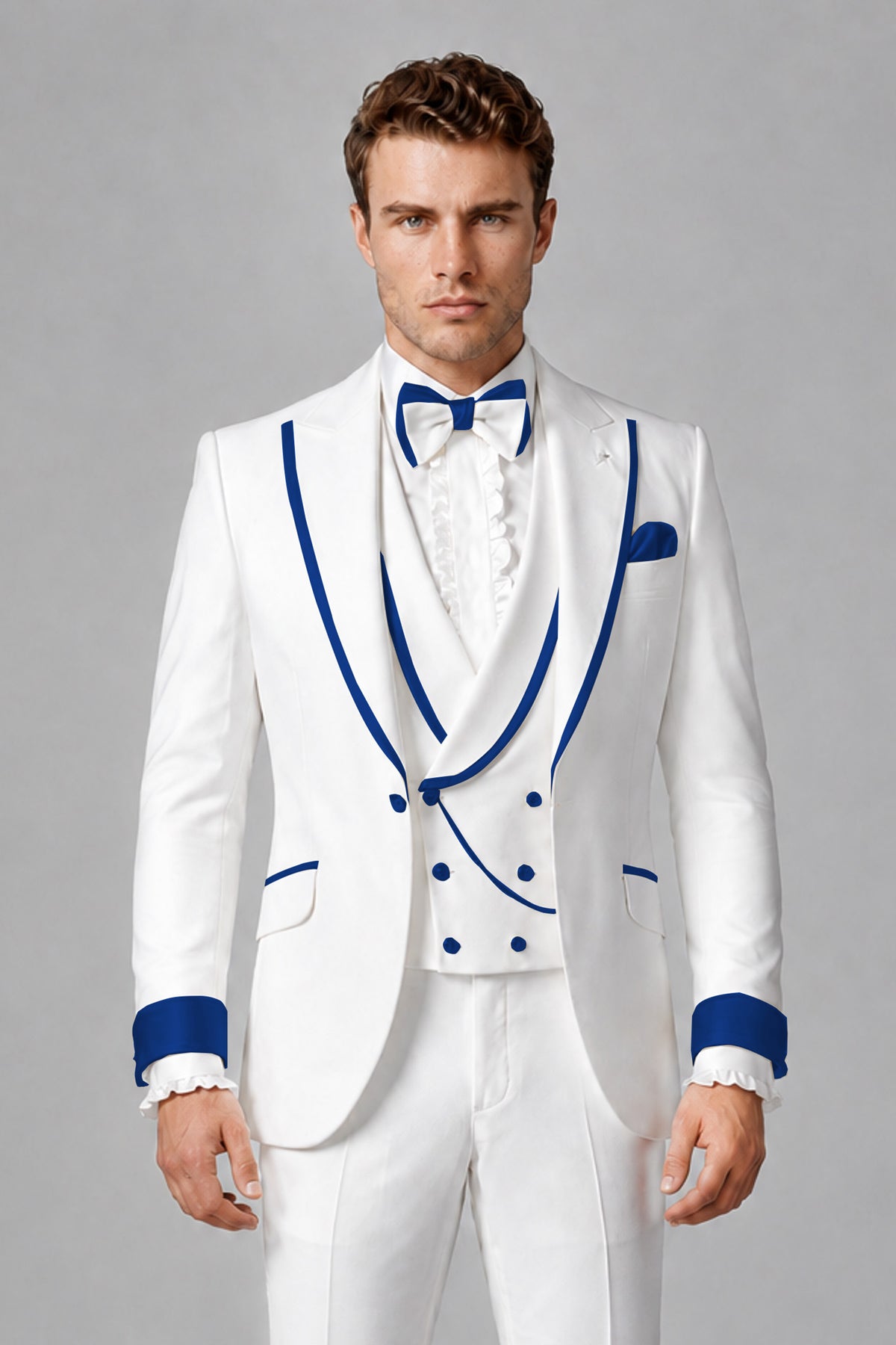 Bolodoo Men's White and Royal Blue Three-Piece Wedding Tuxedo Suit - Royal Blue - Royal Blue_1