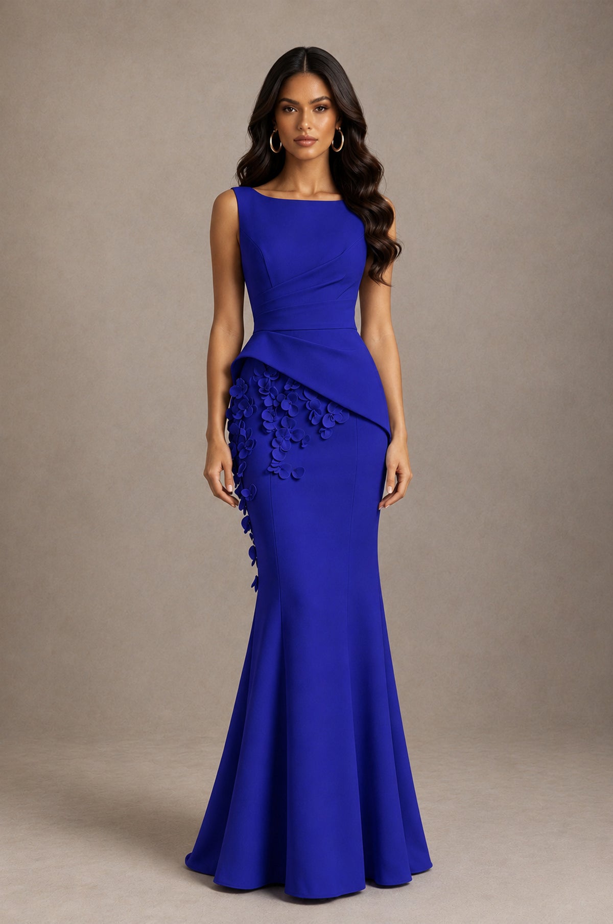 BOLODOO Royal Blue Bateau Neck Sleeveless Asymmetric Peplum 3D Petal Appliqué Mermaid Gown BD0421 - Royal Blue - Royal Blue_1