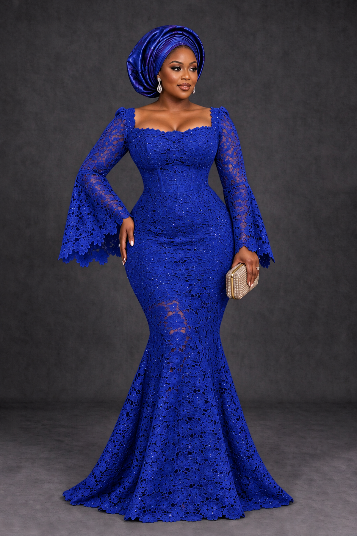 BOLODOO Royal Blue African Lace Mermaid Dress, Plus Size Nigerian Wedding Guest Gown with Bell Sleeves - Royal Blue - Royal Blue_1