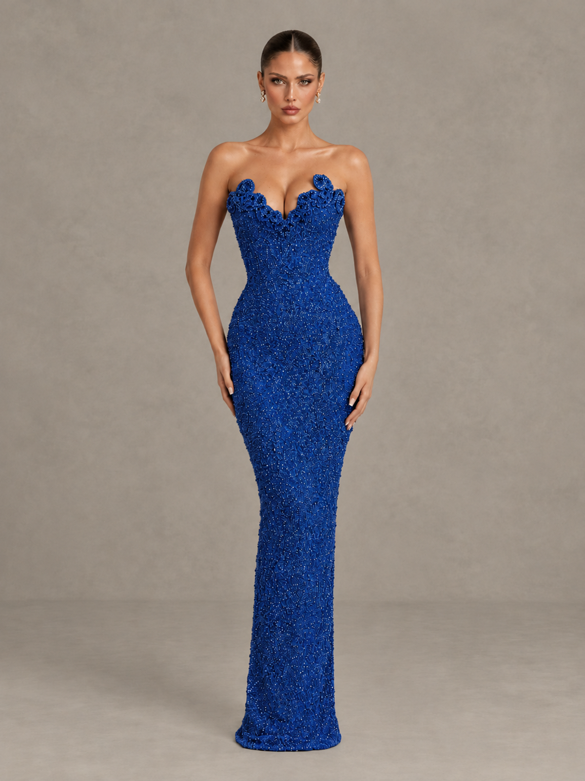 BOLODOO Royal Blue Strapless Sequin Evening Gown with Floral Neckline - Royal Blue - Royal Blue_1