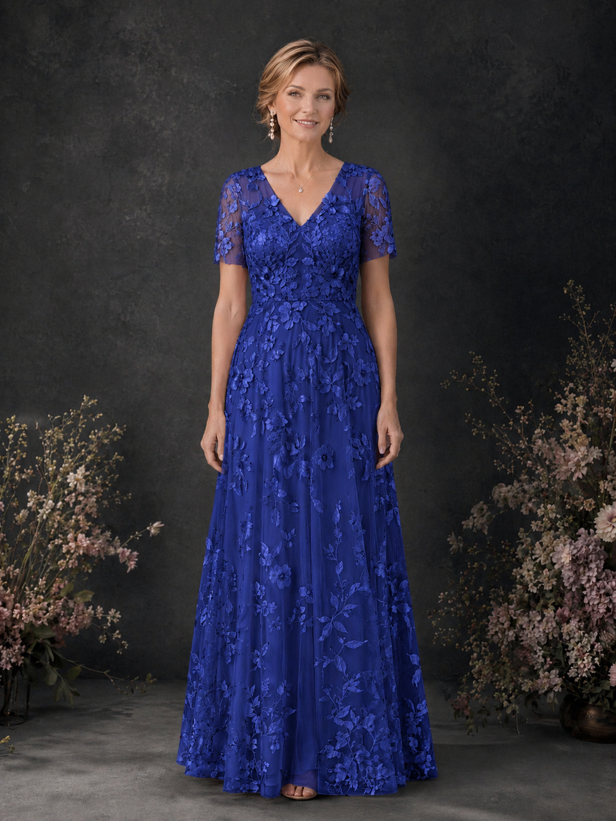BOLODOO Royal Blue 3D Floral Embroidered Lace V-Neck Short Sleeve A-Line Maxi Dress - Royal Blue
