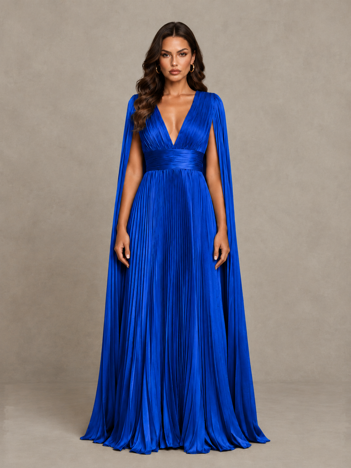 BOLODOO Royal Blue Deep V-Neck Pleated Cape Sleeve Evening Gown - Royal Blue - Royal Blue_1