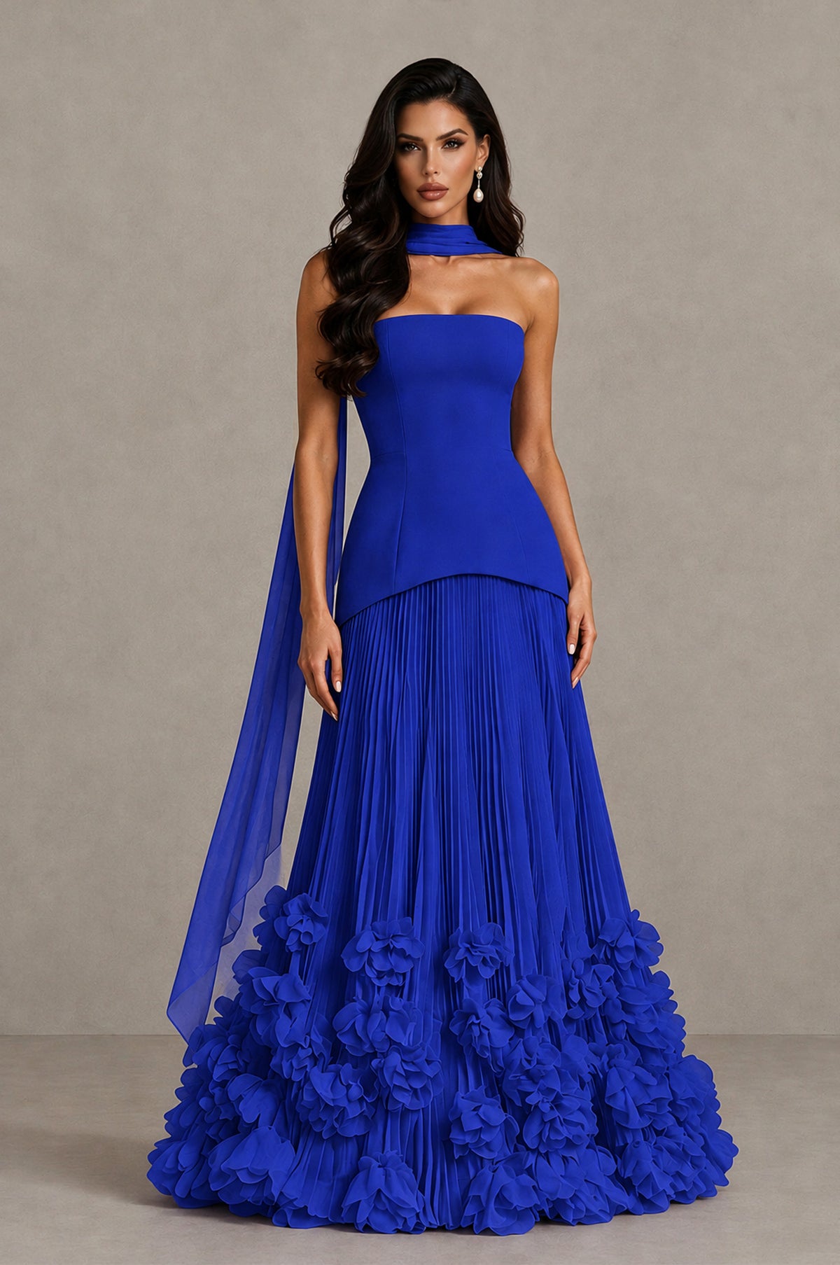 BOLODOO Royal Blue Strapless Pleated Floral Hem Evening Gown - Royal Blue - Royal Blue_1