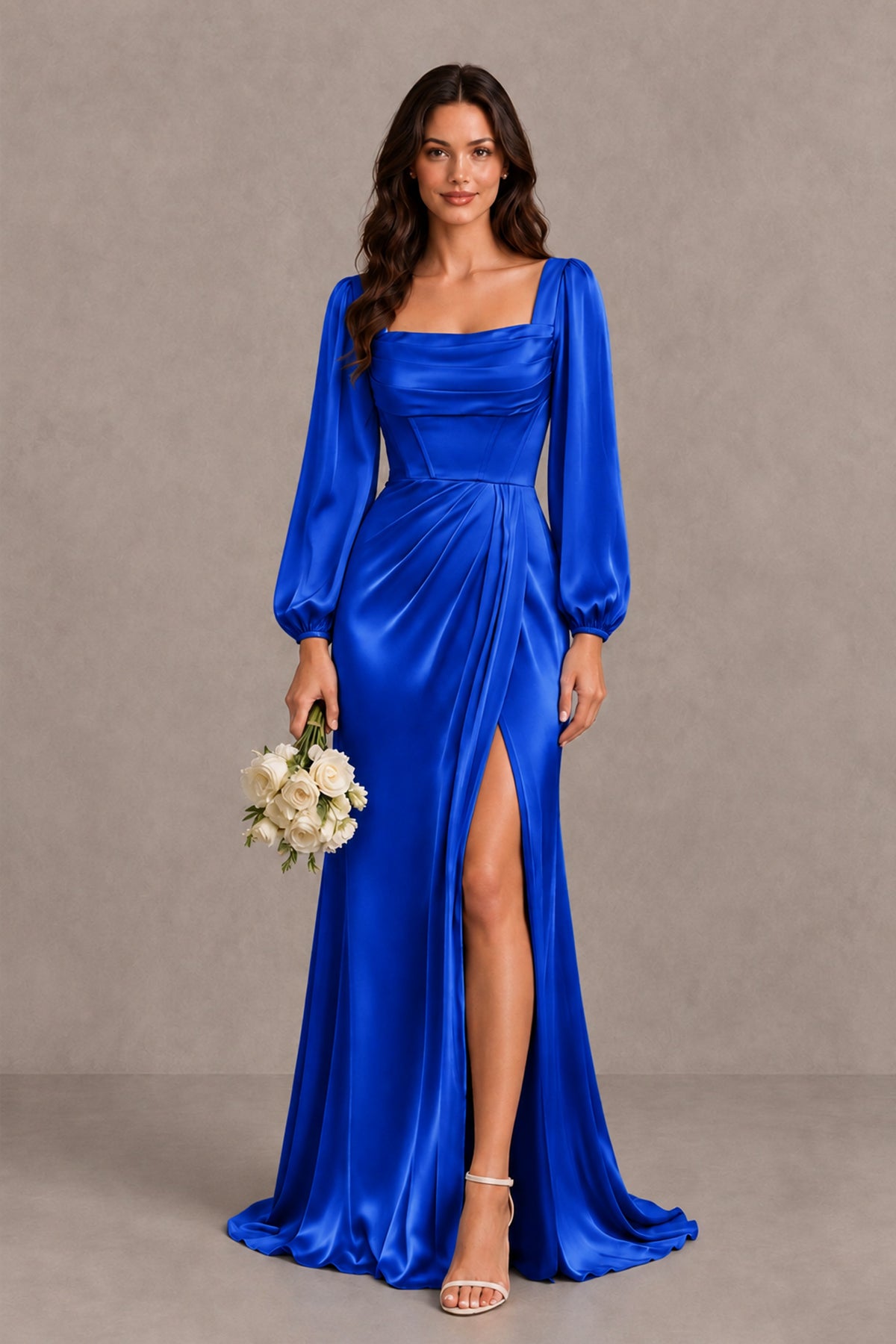 BOLODOO Royal Blue Satin-Look Long Sleeve Evening Dress with High Slit - Royal Blue - Royal Blue_1