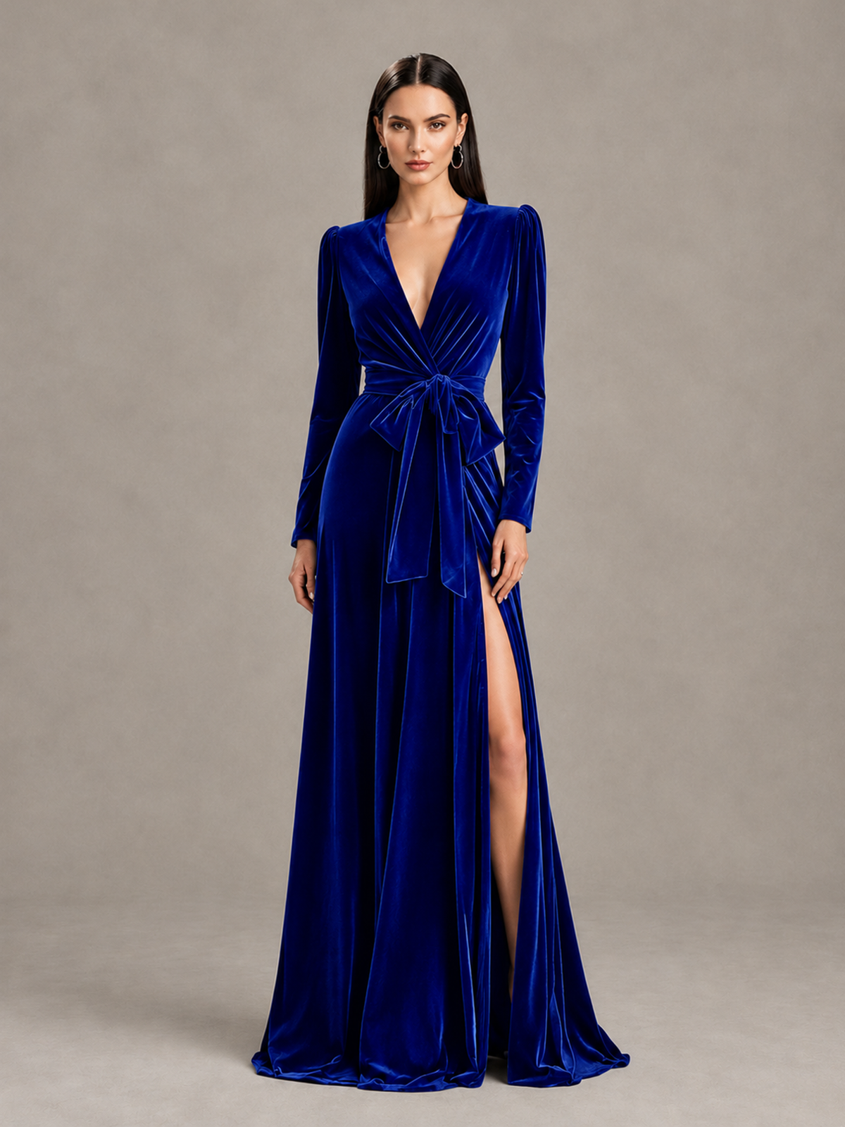 BOLODOO Royal Blue Long Sleeve Velvet-Look Evening Dress with High Slit - Royal Blue - Royal Blue_1