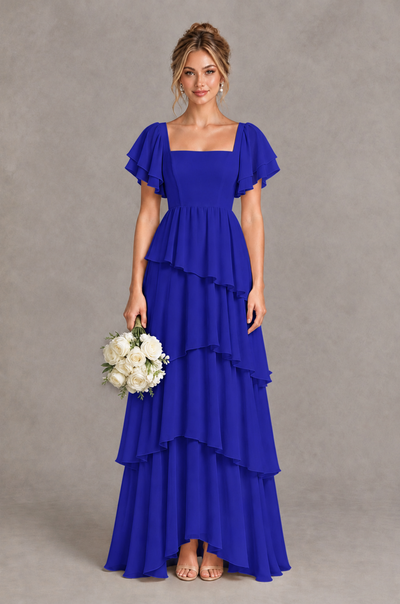 BOLODOO Royal Blue Square Neck Flutter Sleeve Tiered Chiffon Bridesmaid Dress with Lace-Up Back - Royal Blue - Royal Blue_1