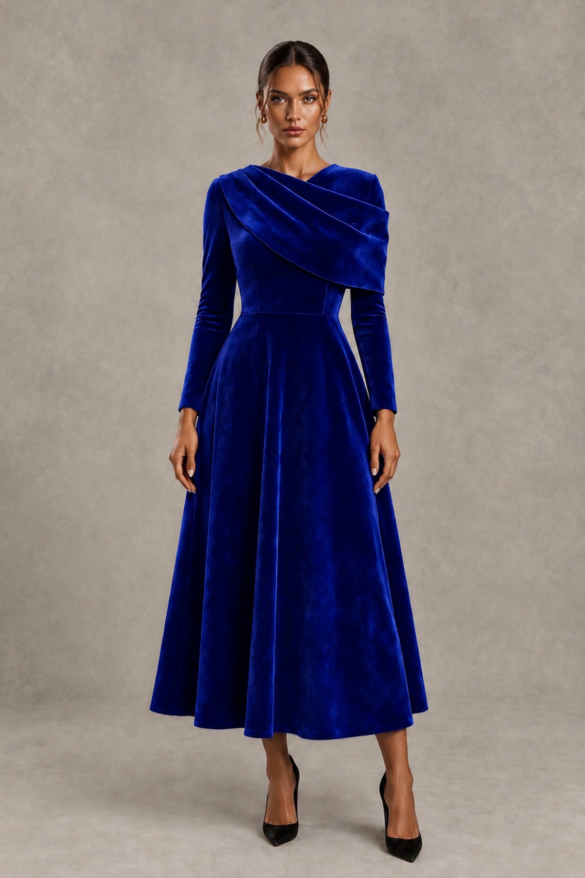 BOLODOO Royal Blue Velvet-Look Long Sleeve Tea-Length A-Line Dress with Draped Neckline - Royal Blue - Royal Blue_1