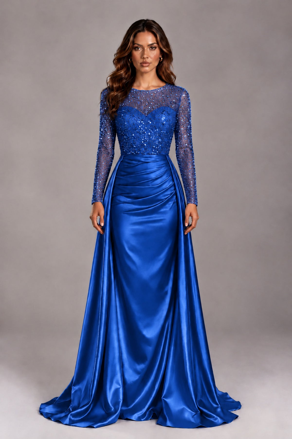 BOLODOO Royal Blue Long Sleeve Embellished Satin Evening Gown with Sweep Train - Royal Blue - Royal Blue_1