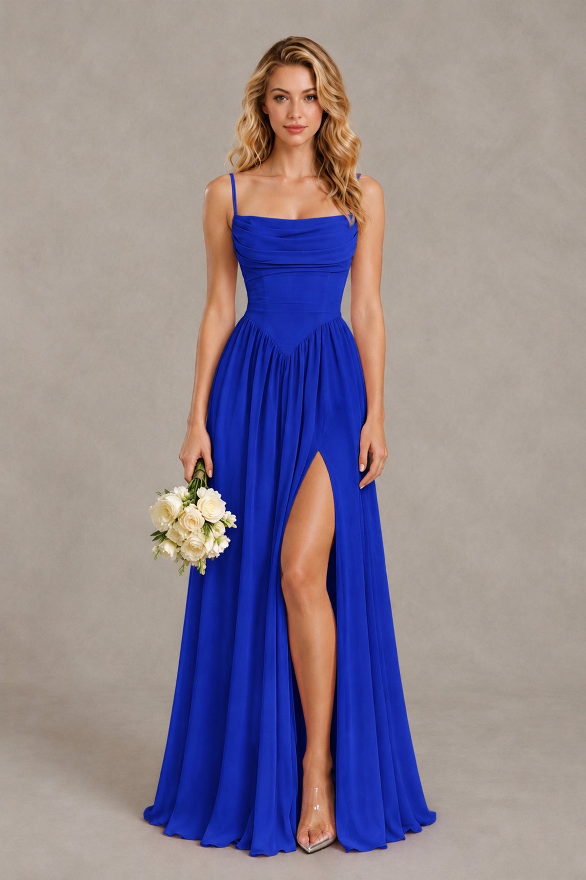 BOLODOO Royal Blue Spaghetti Strap A-Line Bridesmaid Dress with Slit - Royal Blue - Royal Blue_1