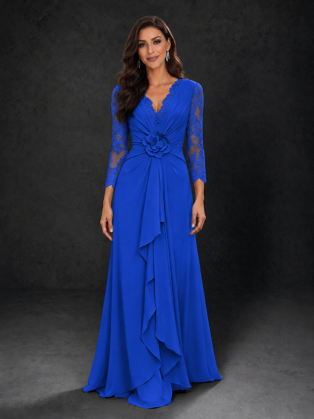 BOLODOO Royal Blue Lace Sleeve V-Neck Floral Waist Chiffon A-Line Maxi Dress - Royal Blue