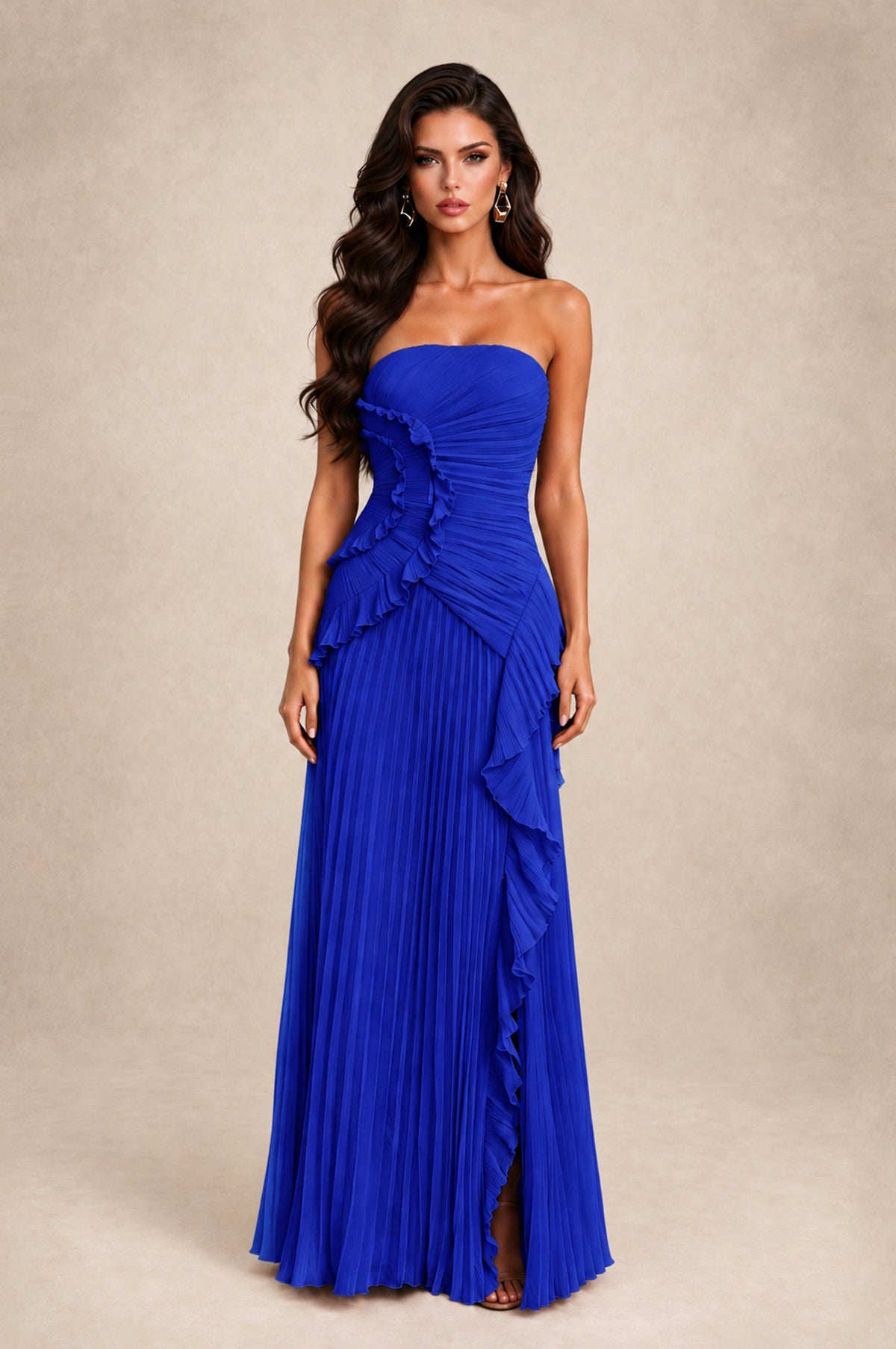 BOLODOO Royal Blue Strapless Ruffle Pleated Slit Evening Gown - Royal Blue - Royal Blue_1
