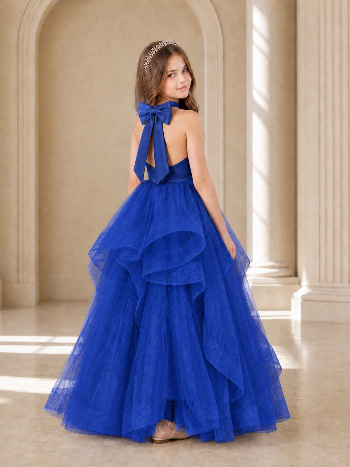 BOLODOO Royal Blue Halter Tiered Tulle Flower Girl Dress with Bow Back - Royal Blue - Royal Blue_1