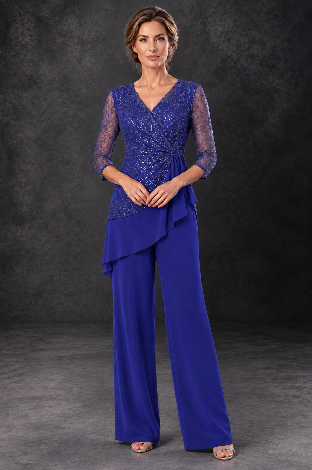BOLODOO Royal Blue Sequin Lace 3/4 Sleeve Chiffon Mother of the Bride Pant Suit - Royal Blue - Royal_Blue_1