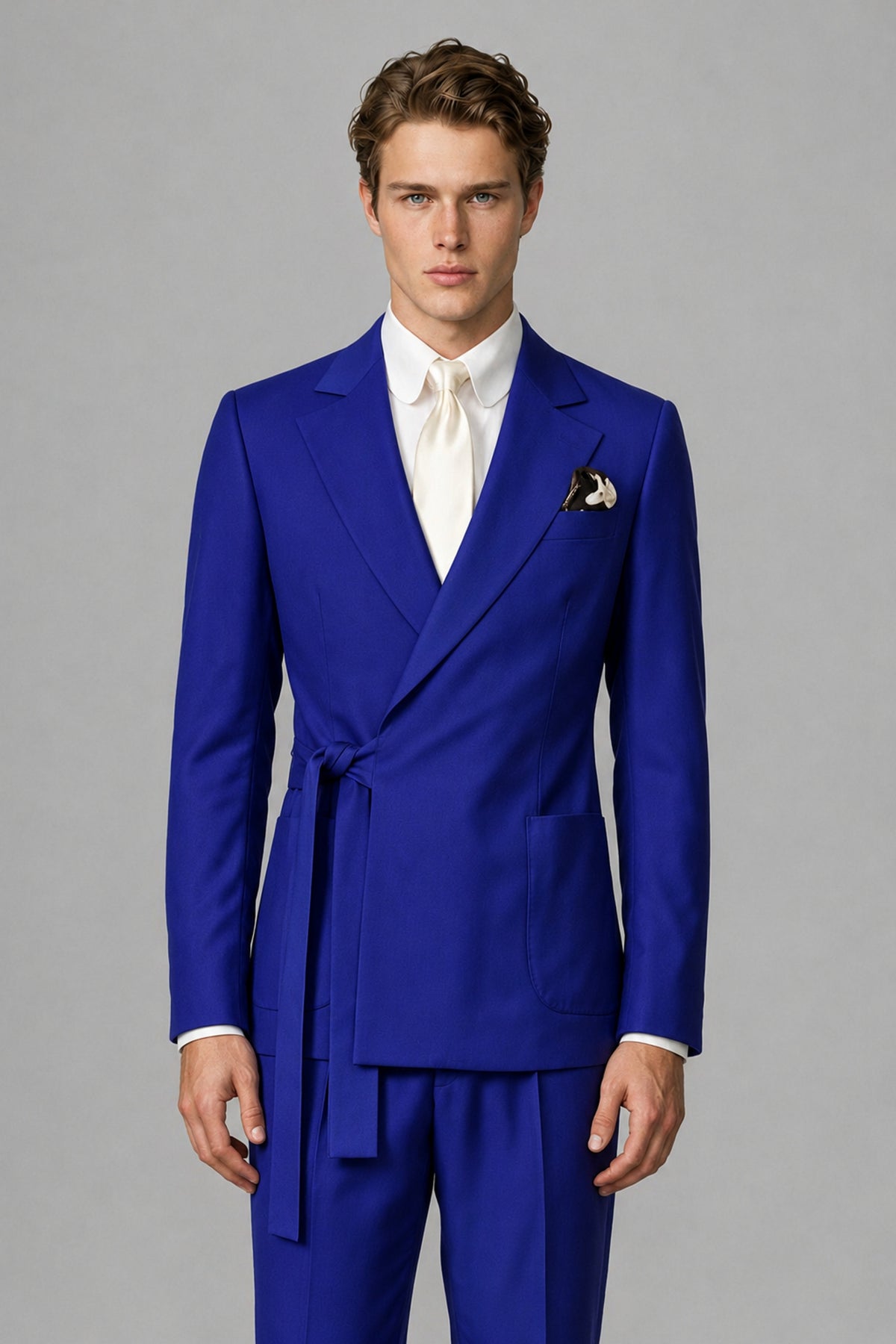 Bolodoo Men's Royal Blue Wrap Tie-Waist Two-Piece Suit – Jacket & Trousers - Royal Blue - Royal Blue_1