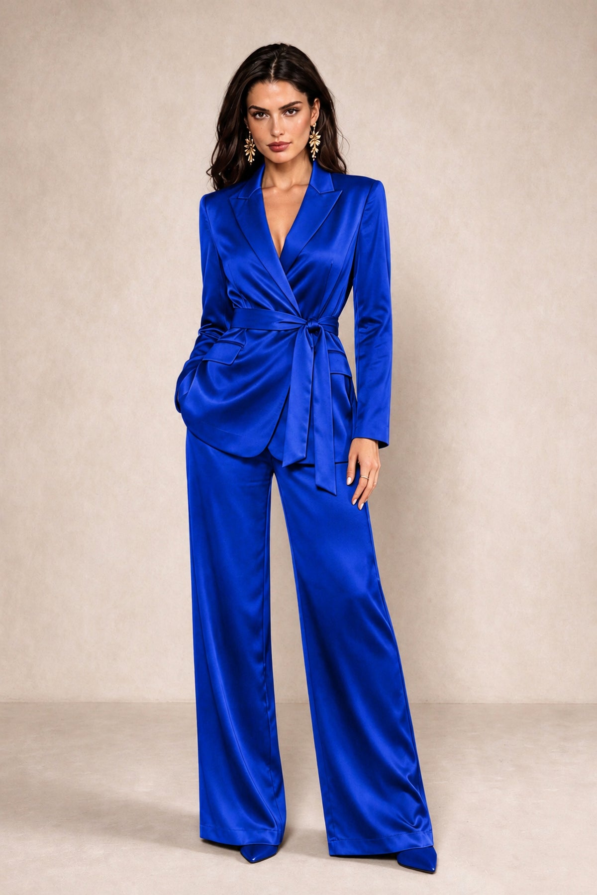 BOLODOO Royal Blue Satin Wrap Blazer Wide-Leg Pants Two-Piece Suit Set – Evening Gala Wedding Guest - Royal Blue - Royal_Blue_1