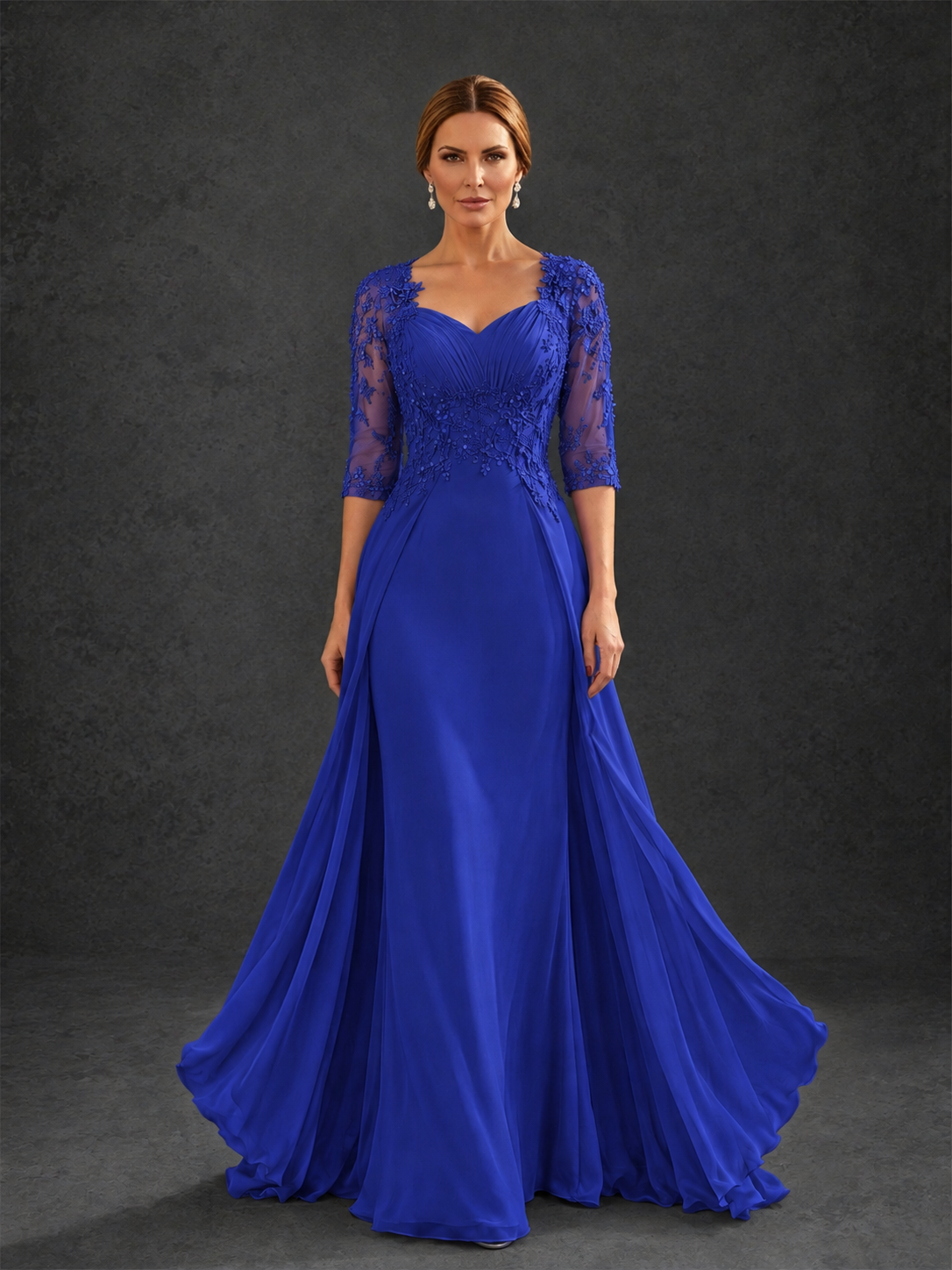 BOLODOO Royal Blue Sweetheart Neck 3/4 Sleeve Floral Lace Illusion Bodice Chiffon A-Line Gown - Royal Blue