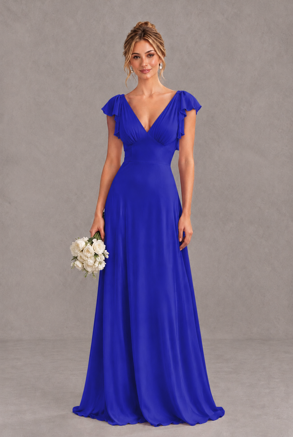 BOLODOO Royal Blue V-Neck Flutter Sleeve A-Line Bridesmaid Dress - Royal Blue - Royal Blue_1