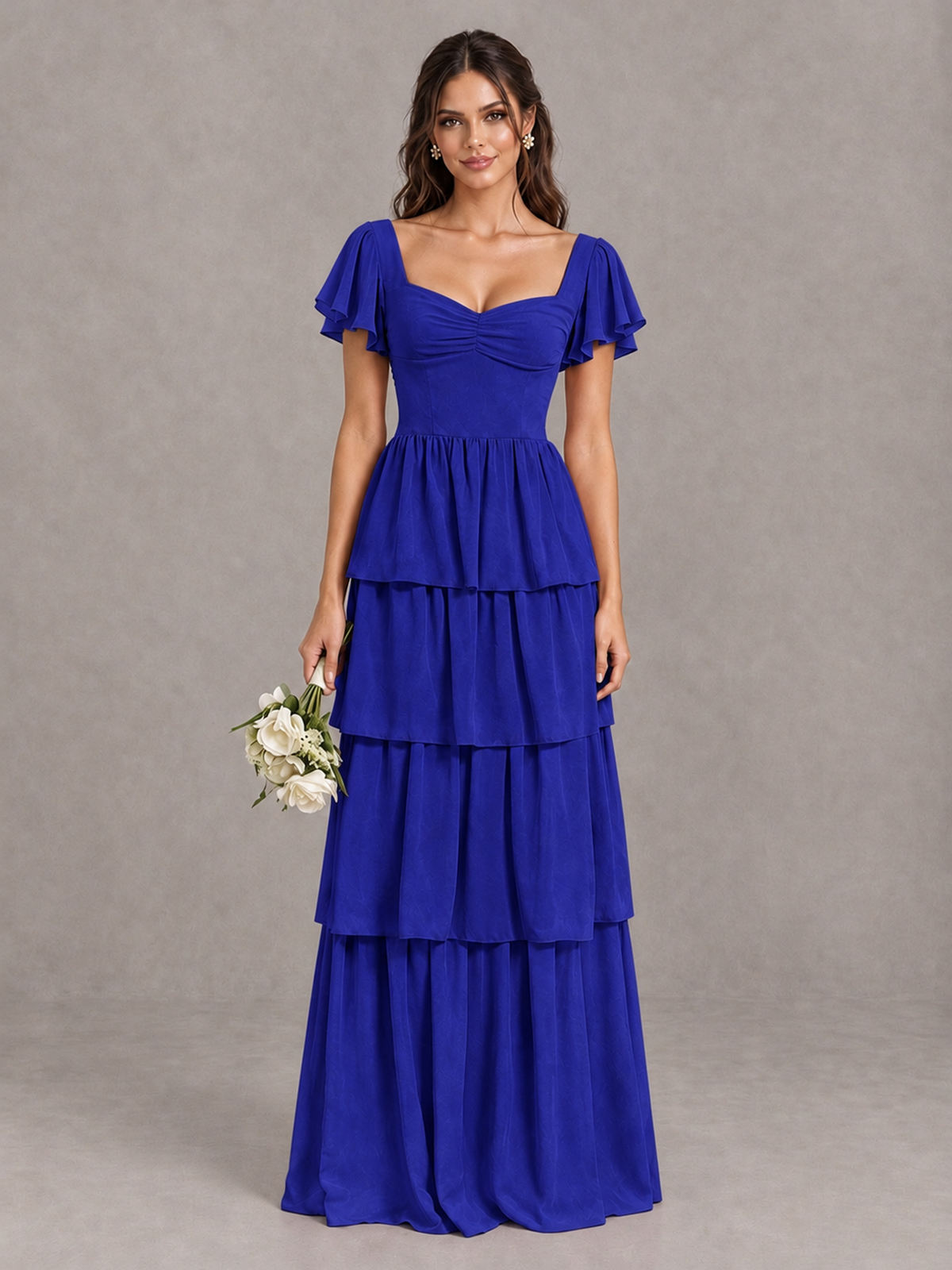 BOLODOO Royal Blue Flutter Sleeve Tiered Maxi Bridesmaid Dress - Royal Blue - Royal Blue_1