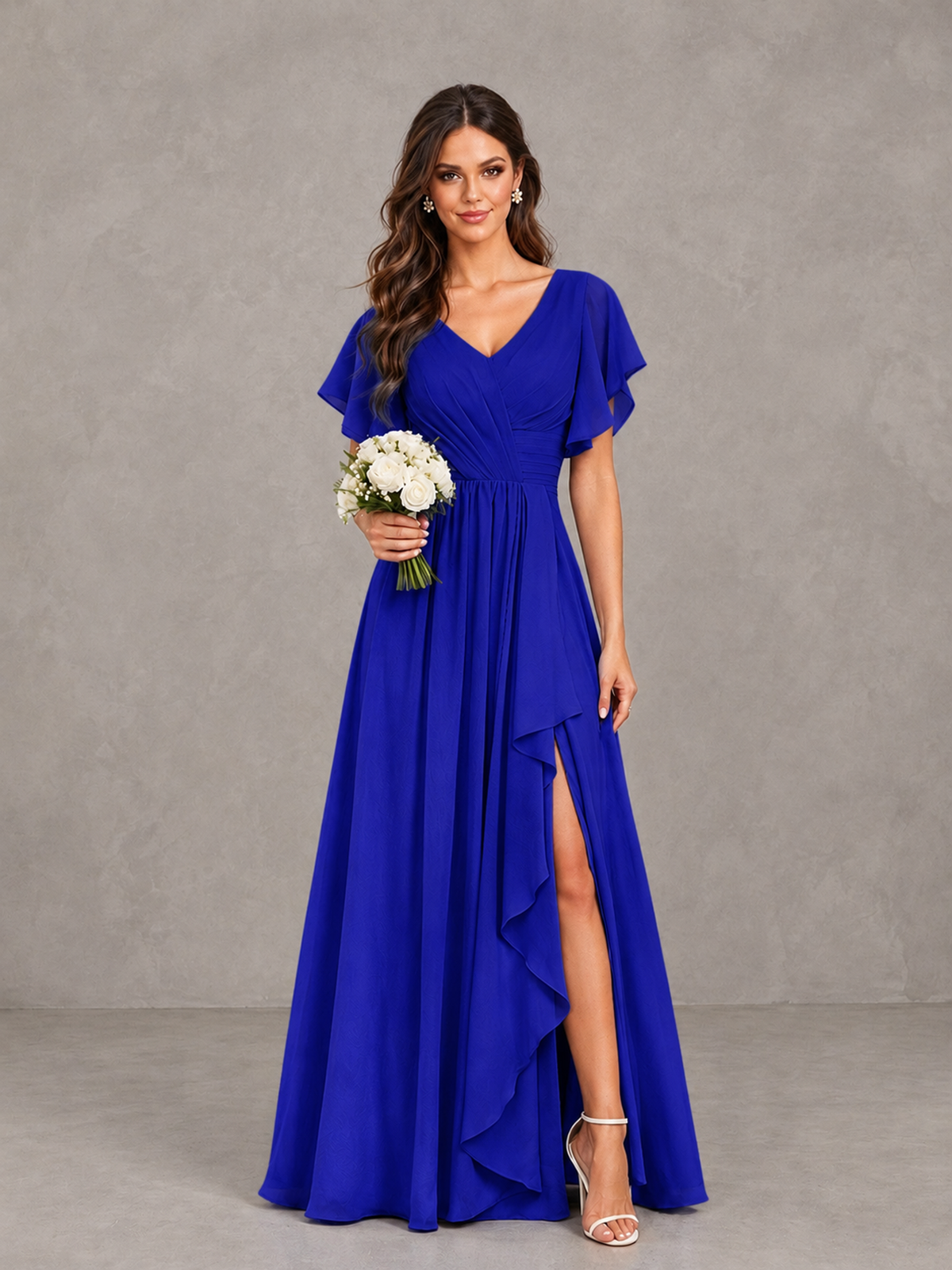 BOLODOO Royal Blue Flutter Sleeve V-Neck Bridesmaid Dress with Ruffle Slit - Royal Blue - Royal Blue_1