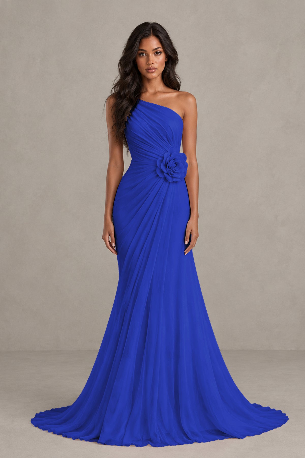 BOLODOO Royal Blue One-Shoulder Floral Ruched Maxi Dress - Royal Blue