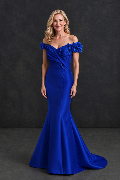 BOLODOO Royal Blue Off-Shoulder Floral Mermaid Mother of the Bride Dress - Royal Blue - Royal Blue_1