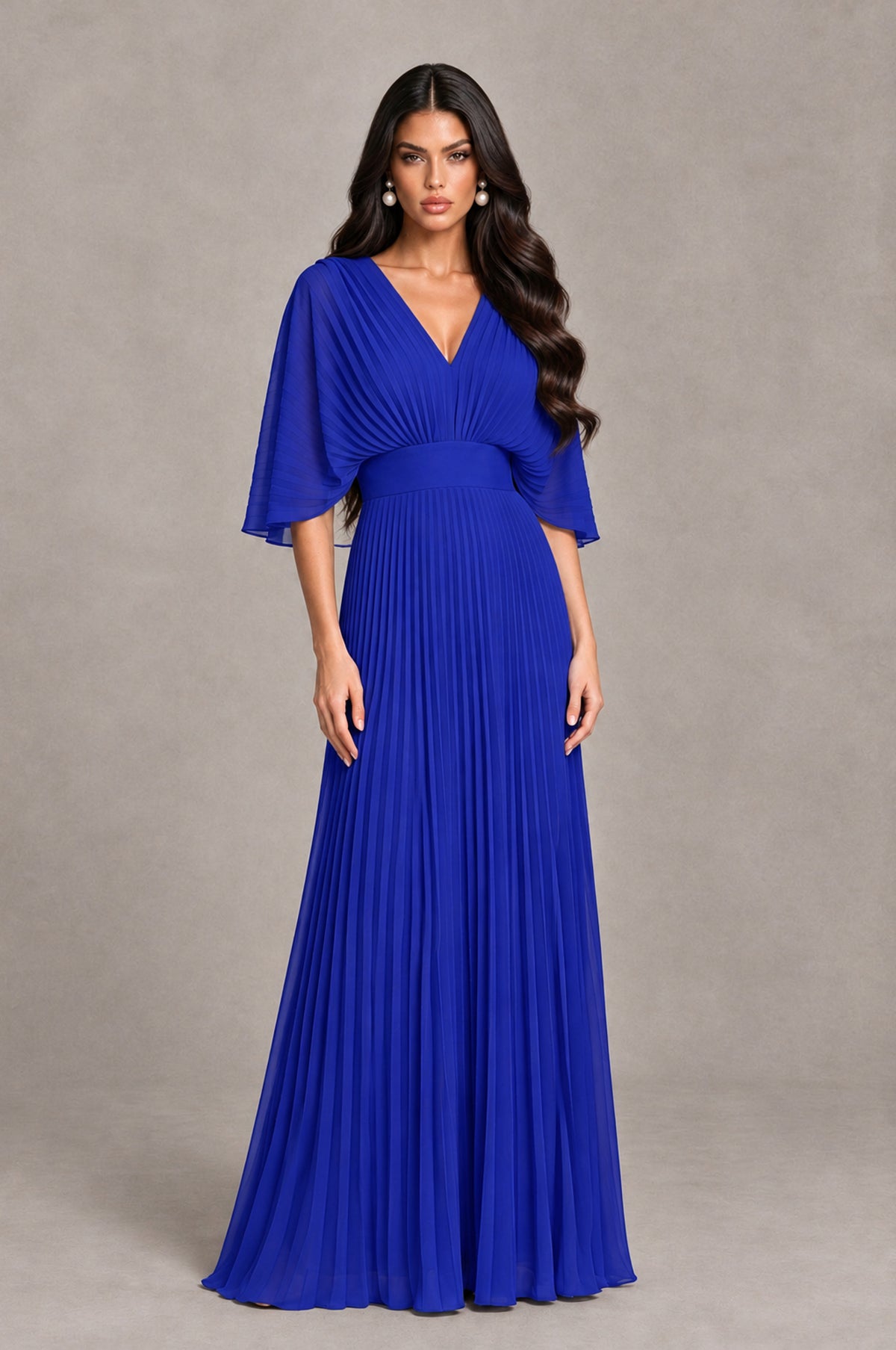 BOLODOO Royal Blue V-Neck Pleated Flutter Sleeve Formal Dress - Royal Blue - Royal Blue_1