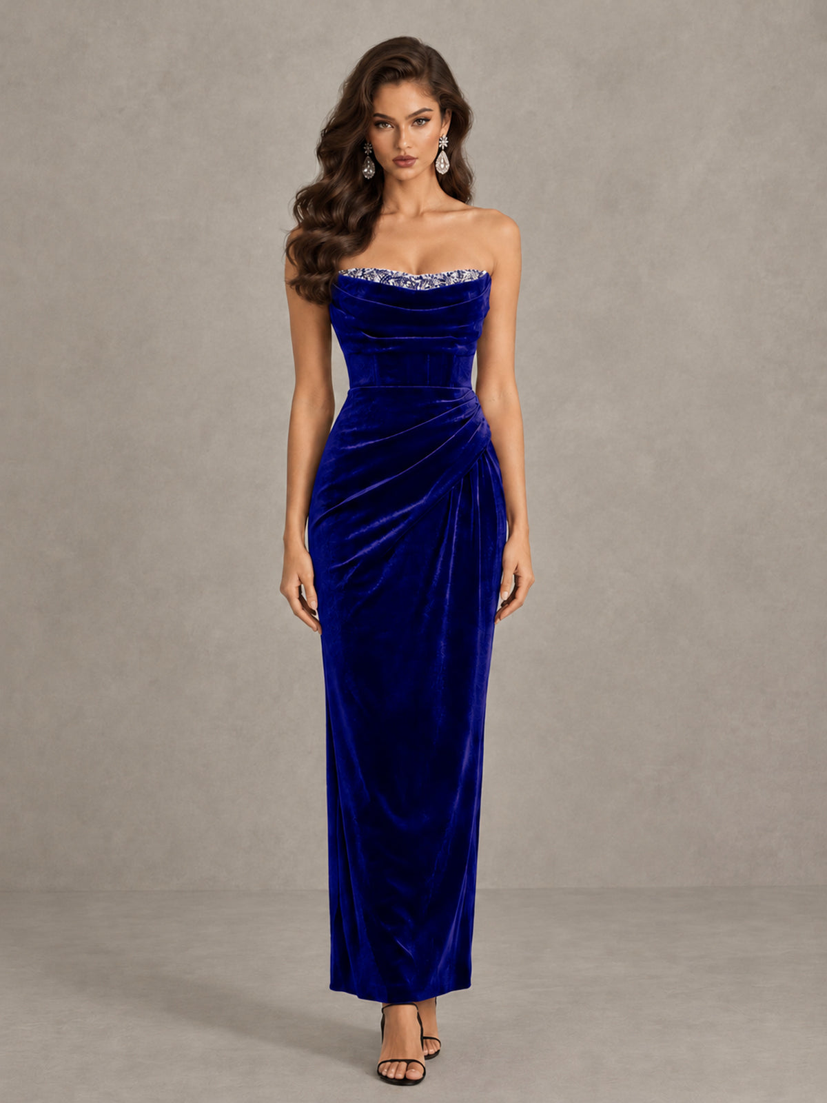 BOLODOO Royal Blue Strapless Velvet Cocktail Maxi Dress - Royal Blue - Royal Blue_1