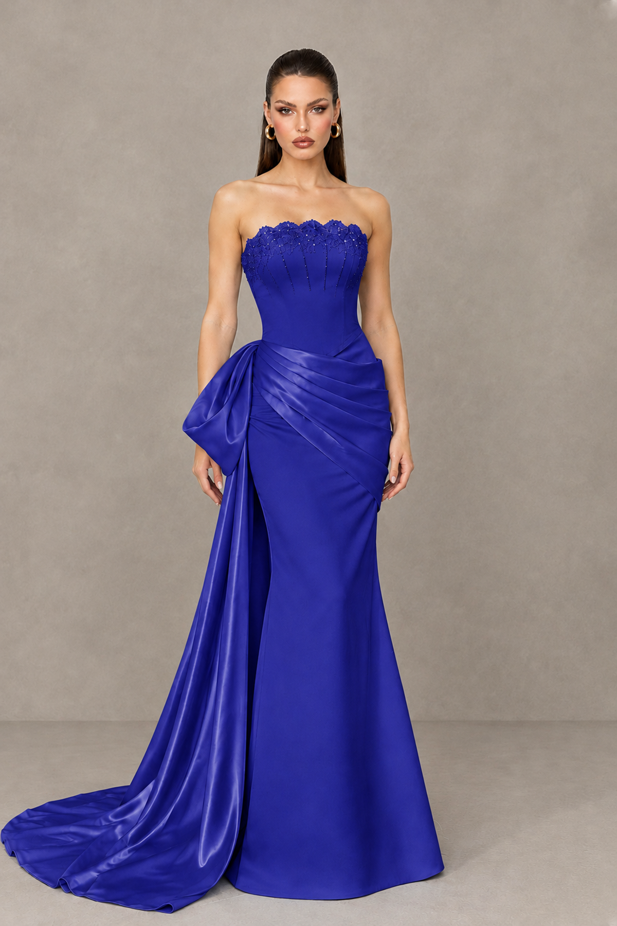 BOLODOO Royal Blue Strapless Satin Prom Dress with Draped Side Train - Royal Blue - Royal_Blue_1