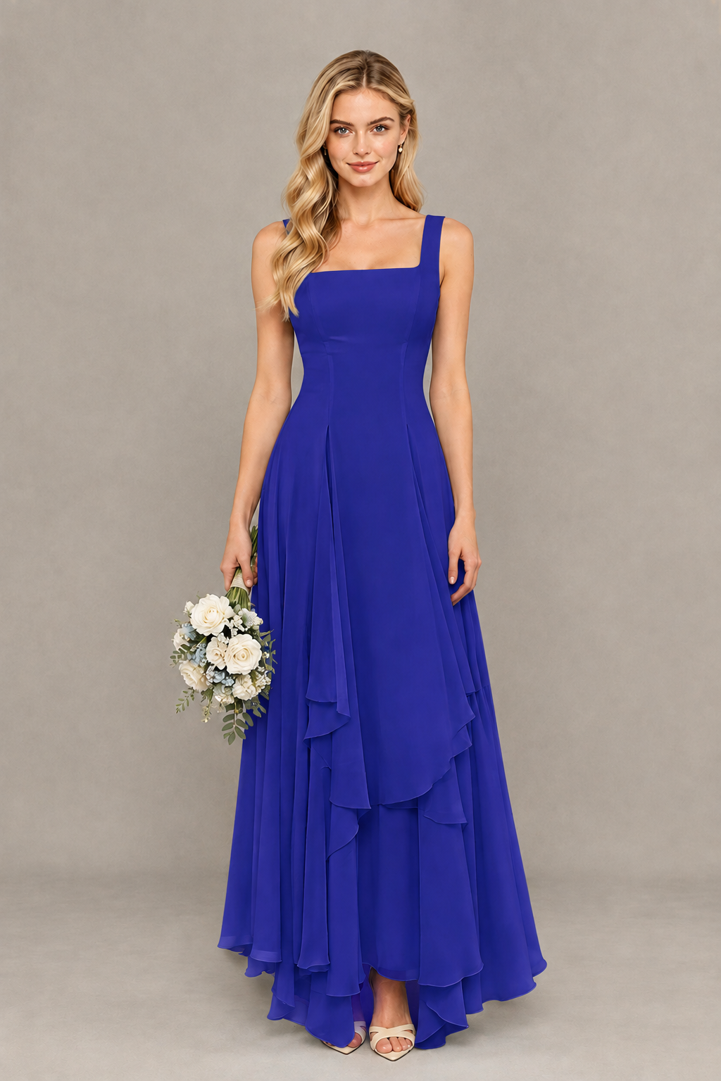BOLODOO Royal Blue Square Neck Chiffon Bridesmaid Dress with Lace-Up Back - Royal Blue