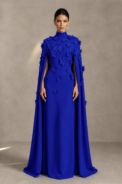 BOLODOO Royal Blue 3D Floral Applique Cape Formal Dress - Royal Blue - Royal Blue_1