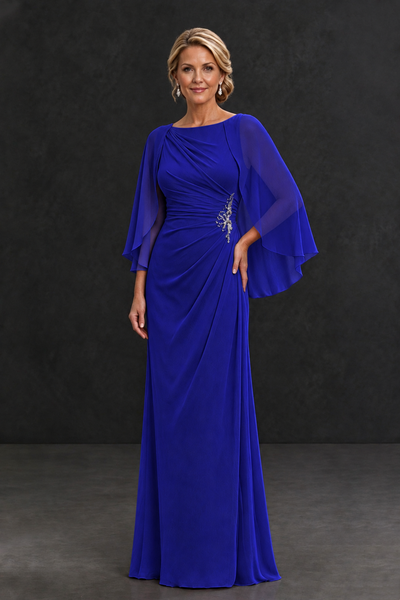 BOLODOO Royal Blue Cape Sleeve Mother of the Bride Dress with Ruched Waist - Royal Blue - Royal Blue_1