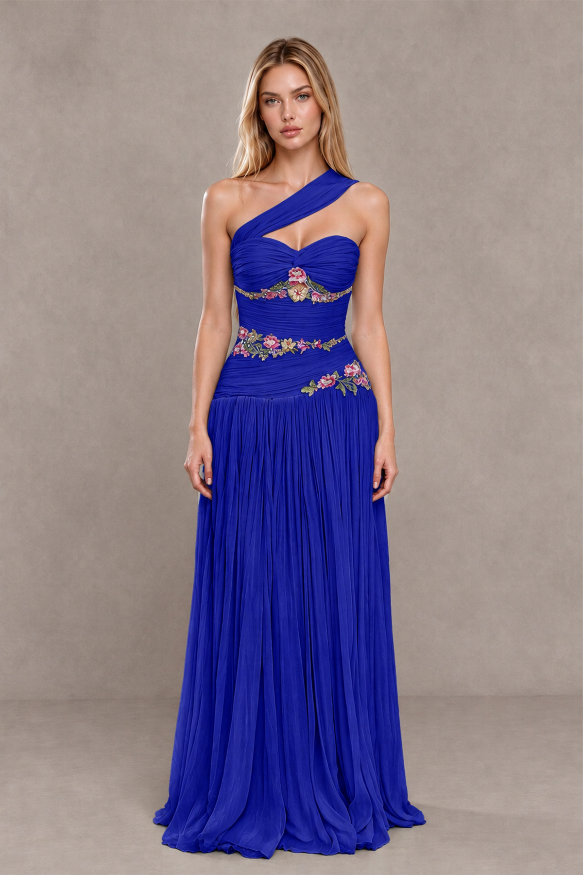 BOLODOO Royal Blue One-Shoulder Floral Applique A-Line Evening Dress - Royal Blue - Royal Blue_1