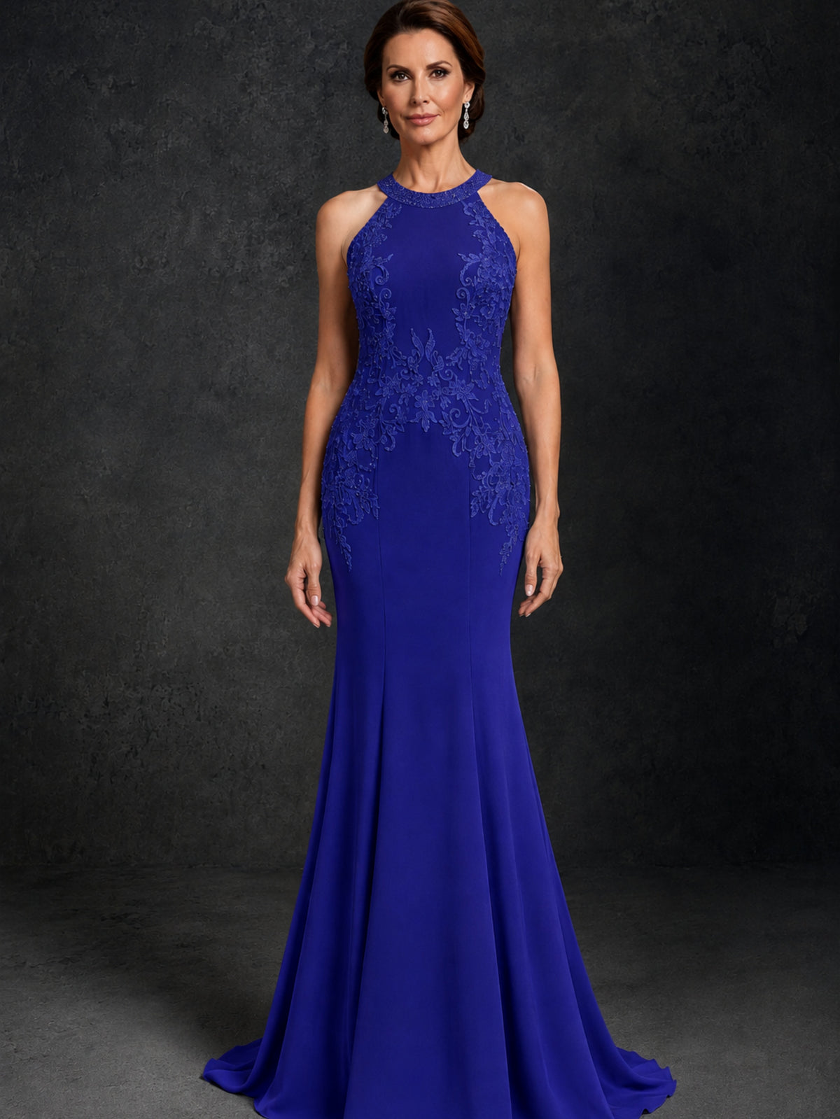 BOLODOO Royal Blue Lace Applique Halter Neck Sheer Back Mermaid Maxi Dress with Sweep Train - Royal Blue