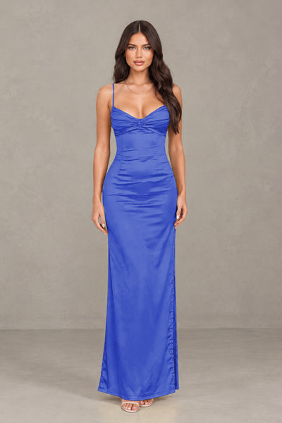 BOLODOO Royal Blue Satin Cowl Neck Open Back Mermaid Maxi Dress with Side Slit - Royal Blue