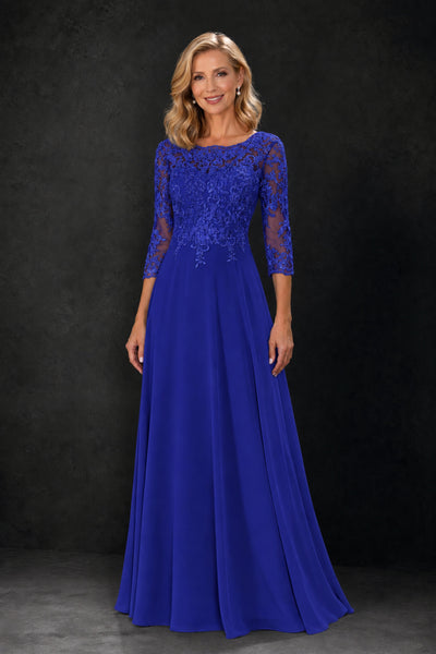 BOLODOO Royal Blue Lace Embroidered Mother of the Bride Dress with 3/4 Sleeves - Royal Blue