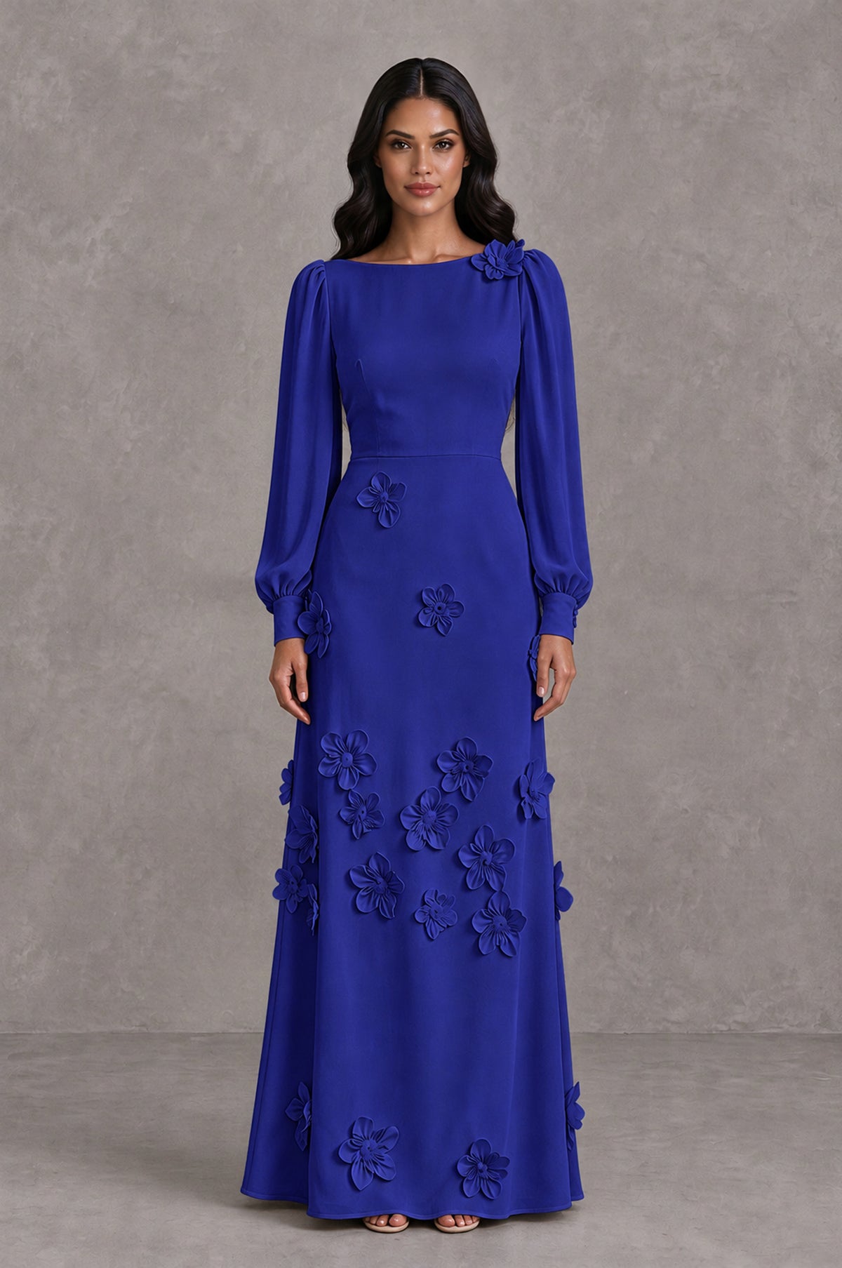 BOLODOO Royal Blue Long Sleeve Floral Applique A-Line Evening Dress - Royal Blue - Royal Blue_1