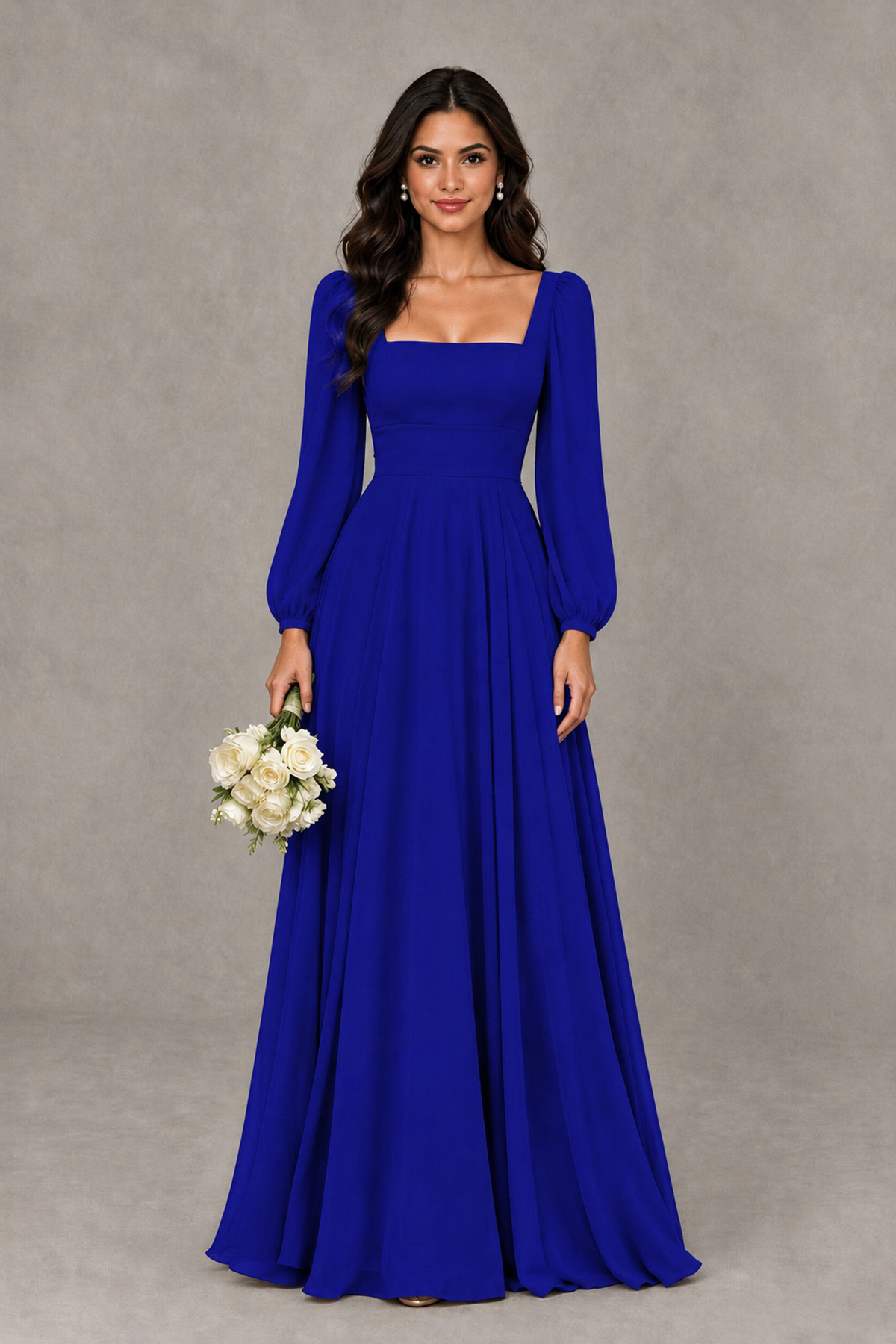 BOLODOO Royal Blue Square Neck Long Sleeve A-Line Bridesmaid Dress - Royal Blue - Royal Blue_1