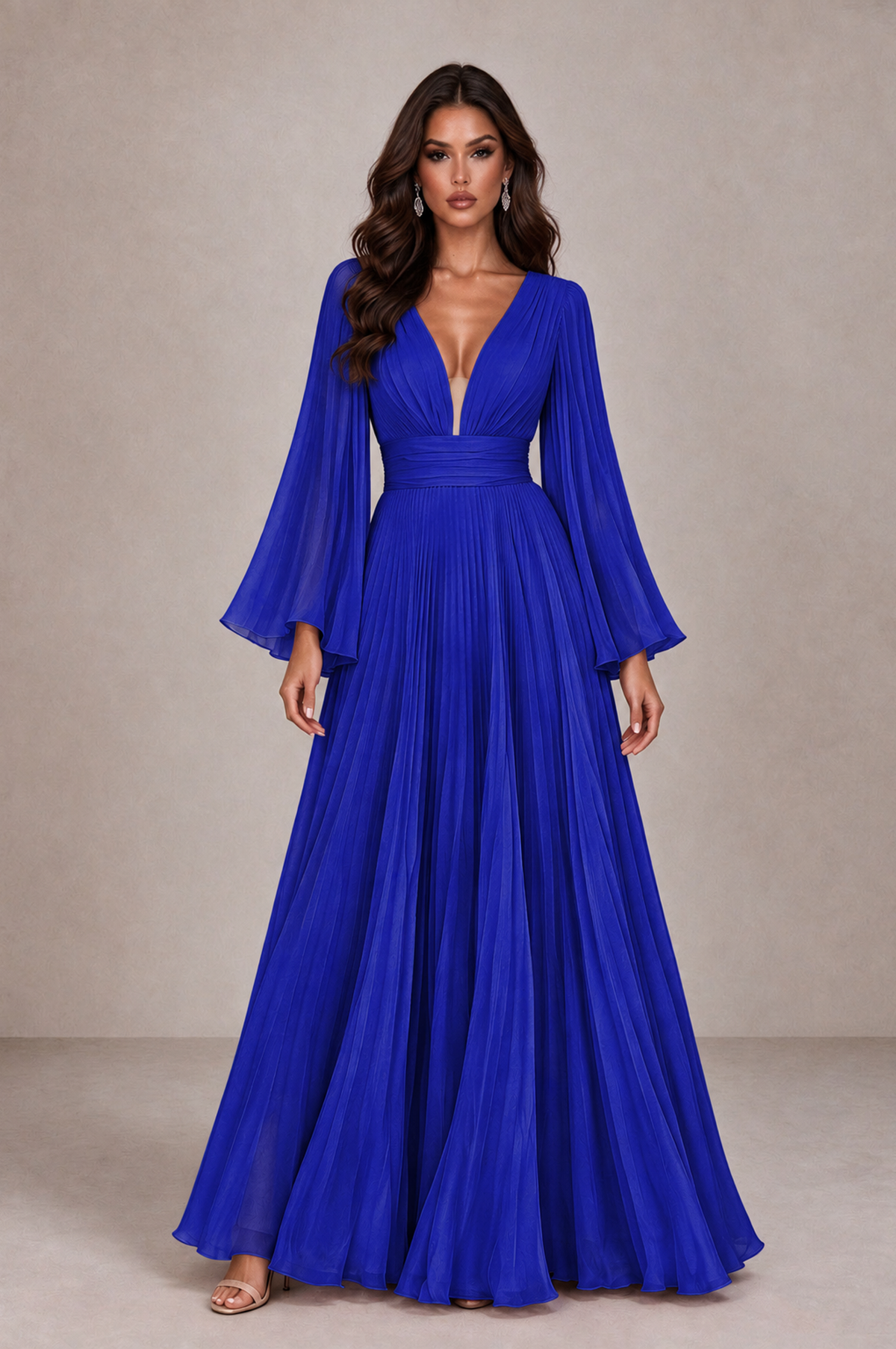 BOLODOO Royal Blue Pleated Deep V-Neck Long Bell Sleeve Evening Dress - Royal Blue - Royal_Blue_1