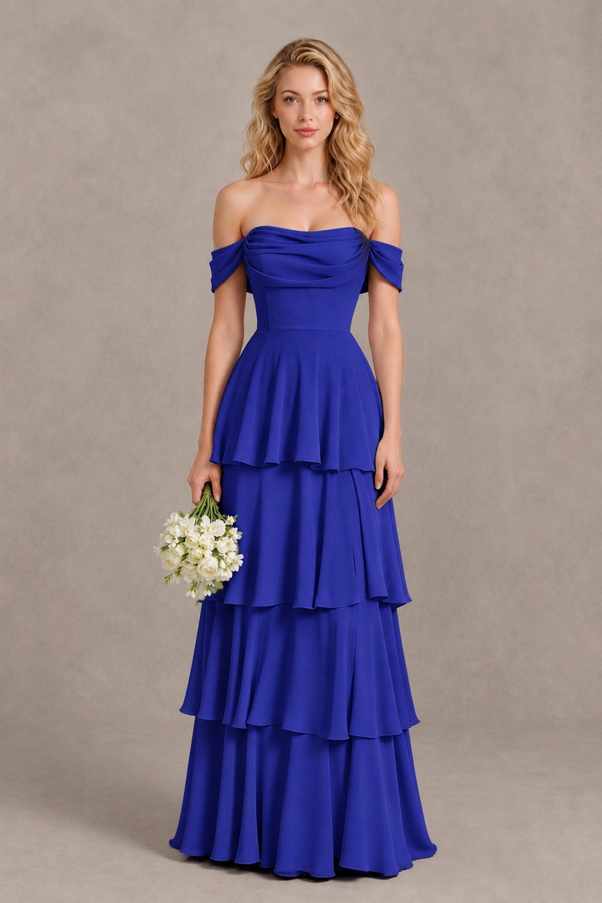 BOLODOO Royal Blue Off-the-Shoulder Tiered A-Line Evening Bridesmaid Dress - Royal Blue - Royal Blue_1